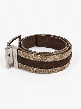 GUESS Monogram Logo Belt Brown Beige Style Reversible Silver Buckle Women’s Belt